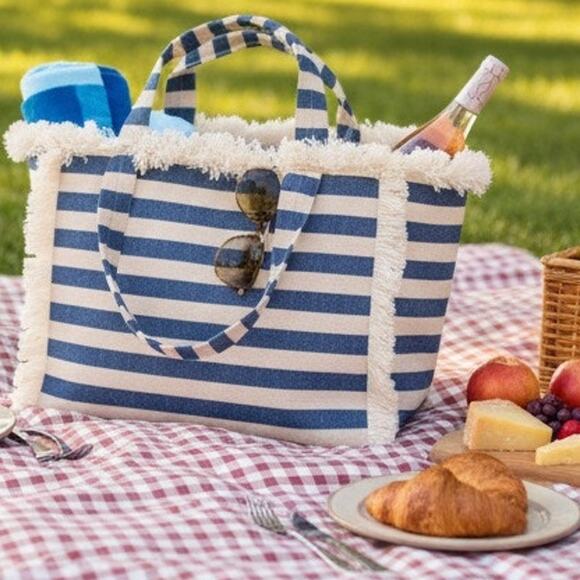 Hat Attack Beach Coastal Canvas Packable Stripe Fringe Cooler Tote Bag NWT - Picture 1 of 13